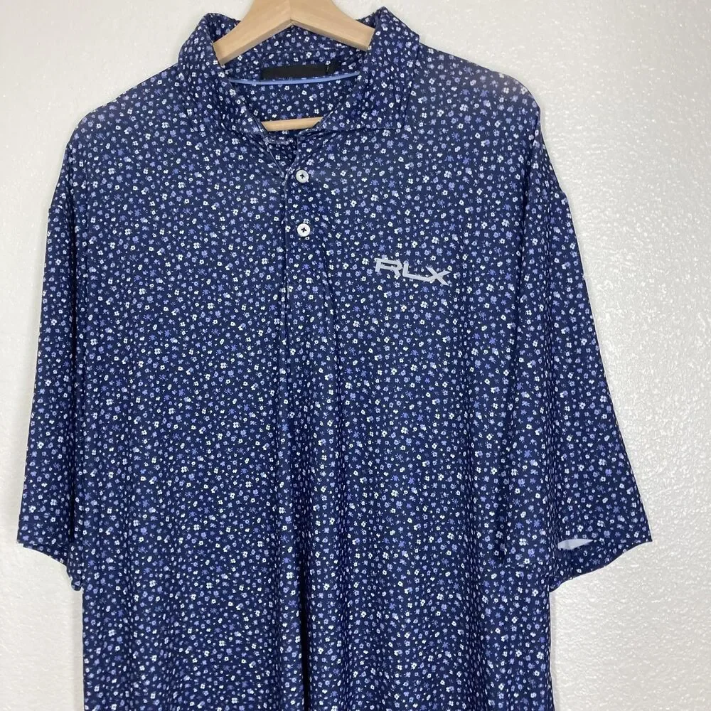 RLX Ralph Lauren Polo Shirt Mens Extra Large Navy Blue Floral Golf Performance